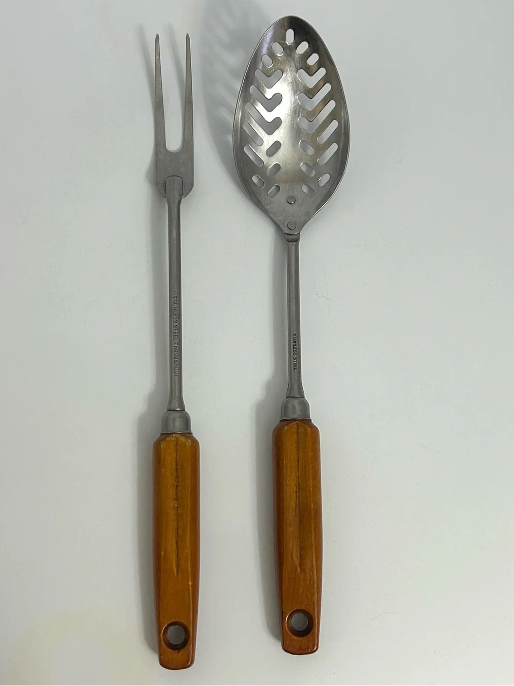 Ekco Eterna Stainless Slotted Serving Spoon & Carving Fork Brown Wood Handles